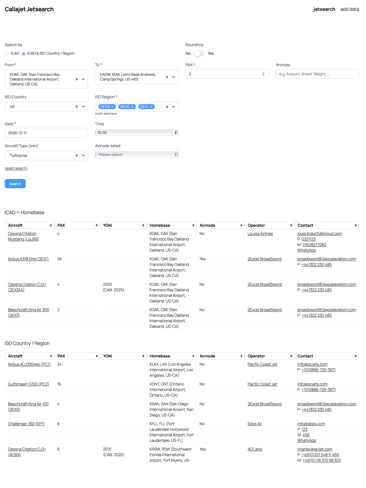 Eingabemaske und Suchergebnisse der Jetsuche